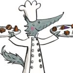 Illustration of cartoon wolf in chefs outfit holding platters of chocolate