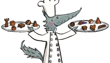 Illustration of cartoon wolf in chefs outfit holding platters of chocolate
