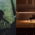 Left - Silhouette of artist Jamie Irrepressible at piano. Right image of piano in The Stoller Hall stage