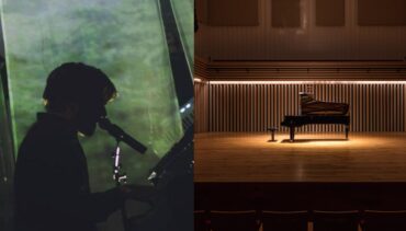 Left - Silhouette of artist Jamie Irrepressible at piano. Right image of piano in The Stoller Hall stage