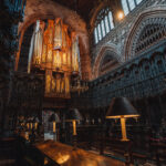 Gothic architecture and view of the organ at Manchester Cathedral