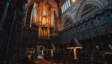 Gothic architecture and view of the organ at Manchester Cathedral