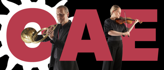 Logo reads: OAE, with image of a man playing the horn (left) and a woman playing the violin (right) 