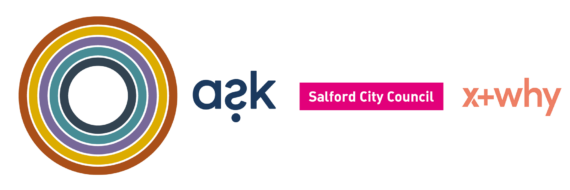 Logos left to right - a multi-coloured circle, 'Ask', 'Salford City Council', 'X + why'