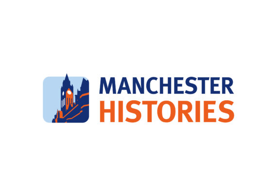 Logo with image of a spire, and Manchester Histories written in red and blue