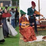 Left - two women in medieval dress dancing. right - a trio in medieval dress holding medieval string instruments