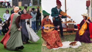 Left - two women in medieval dress dancing. right - a trio in medieval dress holding medieval string instruments