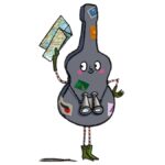 An illustration of a guitar case, with arms, legs and eyes, holding a map and binoculars