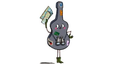 An illustration of a guitar case, with arms, legs and eyes, holding a map and binoculars