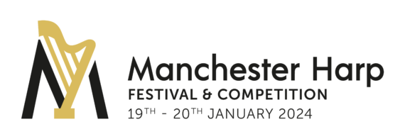 Logo reads Manchester Harp festival and competition 19th - 20th January 2024