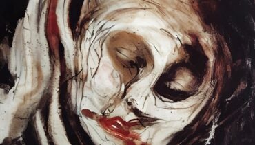 Painting of a white masked face with red painted lips
