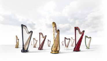 A group of harps surrounded by clouds