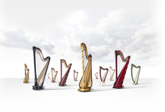 A group of harps surrounded by clouds