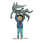 A illustration of a boy in a blue sweater holding a wolf over his head