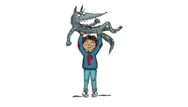 A illustration of a boy in a blue sweater holding a wolf over his head