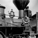 Black and white image of steam train from the film The General