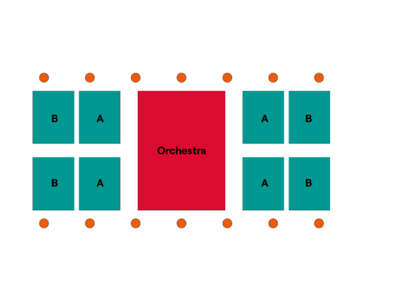 Gorton Monastery Seating plan, blocks read (left to right) B, A Orchestra, A, B