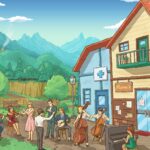Cartoon image of musicians performing in front of a shop