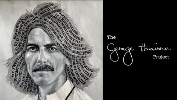 A black and white drawing of George Harrison - white on black text on right reads 'the George Harrison Project'