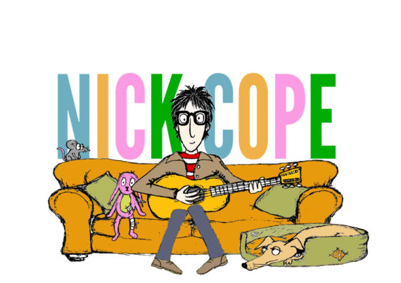 An illustration of musician Nick Cope on a sofa with a dog, a pink toy rabbit and a mouse