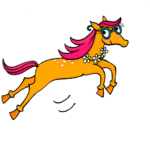 An illustration of an orange cartoon horse with glass and a flower garland