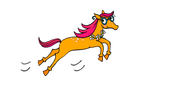 An illustration of an orange cartoon horse with glass and a flower garland