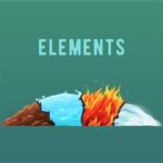 Text reads 'ELEMENTS' on green background with illustration of earth, water, fire and wind