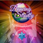 Text reads Dancing Strictly, kindly sponsored by Beaverbrooks, Manchester Maccabi, over a rainbow coloured background with a disco ball and dancing silhouettes.
