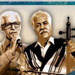 Illustration of two musicians with a backdrop of green hills