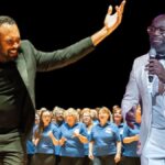 Image of a choir and two men in suits. Text next to figure left reads: Clinton Jordan. Text next to figure right reads: Wayne Ellington