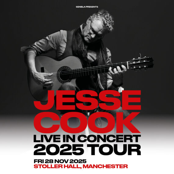 black and white image of guitarist Jesse Cook. Text reads: Senbla presents Jesse Cook Live in Concert 2025 Tour. Friday 28 November 2025, Stoller Hall, Manchester