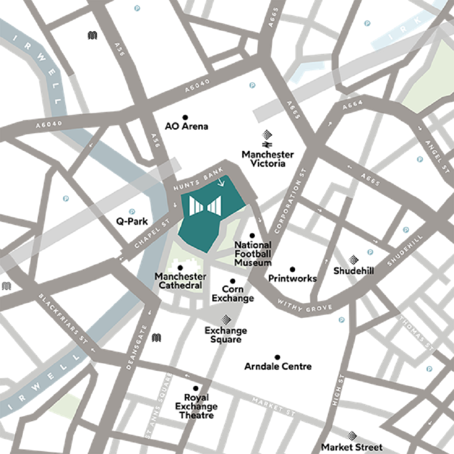 A map of Manchester City Centre indicating Stoller Hall's audience entrance on Hunts Bank, opposite Manchester's AO Arena. Local metrolink stops include Manchester Victoria, Exchange Square & Shudehill.