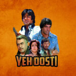 Image of characters from the film Sholay on an orange background