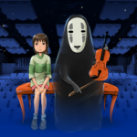 Characters from Studio Ghibli's Spirited away against a shadowy blue concert hall