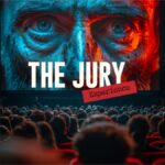 A closeup of a man's face with a crowd below. Text in middle reads; The Jury Experience