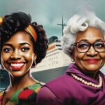 AI generated image of two smiling black women (one with dark hair and a colourful dress, one with grey hair and a pink top and pearls, with an ocean liner in the background