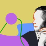 A swirly yellow, purple and blue design with a man silhouetted in black and white.