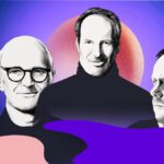 An illustration of three men (drawn in black and white) against a purple background with planet designs