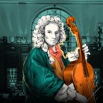 An illustration of a man in period dress with a white wig, playing the cello