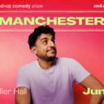 Comedian Saleh El Nawawy on red background with 'Manchester in yellow text