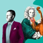 Illustration of a man in a red jacket and a man in 16th century dress with a double bass