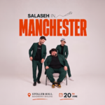 Text reads Salaseh Live in Manchester. comedians shown are Abdulla Sbeih, Saif Zaghmouri, and Yusef Bataineh, wearing black suits.
