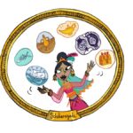 An illustration of a woman surrounded by circles with illustrations of stories from 1001 Tales from Arabian Nights
